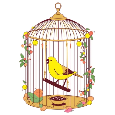 A yellow canary is perched on a delicate swing inside an ornate birdcage. The birdcage is made of intricate gold filigree, featuring floral patterns and curling vines. Sunlight filters through, casting soft shadows on the cage's walls. The canary's beak is open as it sings, with its wings slightly spread, showcasing its bright feathers. Surrounding the swing are small, colorful toys and a small dish filled with seeds resting at the bottom of the cage.