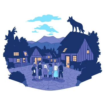 A small rural village is depicted at dusk, with soft, fading light casting long shadows across the cobblestone streets. The quaint houses, made of wood and stone, are illuminated by warm, flickering lanterns hanging outside. A group of villagers, dressed in rustic clothing, stand in a cluster, their expressions filled with a mix of curiosity and fear. In the distance, partially obscured by the fading light, a large werewolf can be seen silhouetted against the darkening sky. The creature's features are partially highlighted, showing sharp claws and pointed ears as it stands atop a small hill, creating a tense atmosphere in the village.