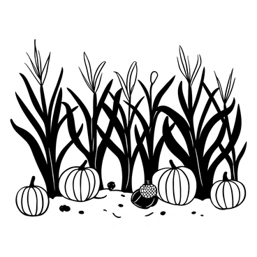 A field of tall corn stalks with several pumpkins scattered among them. The pumpkins vary in size and shape, some partially hidden by the cornstalks. The stalks are thick and sturdy, with leaves rustling gently in the breeze. The ground is bare with patches of earth visible, and there are remnants of dried corn husks spread around. A few corn cob remnants are lying on the ground, adding texture to the scene.