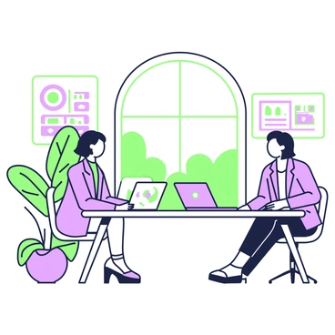 A social media expert with short hair is seated at a sleek table in a modern workspace. The expert is wearing a tailored blazer and is engaged in discussion. Across from them, a small business owner with medium-length hair is attentively listening, dressed in casual business attire. A laptop sits open on the table between them, displaying social media analytics. A large window in the background allows natural light to fill the room, illuminating various plants placed around the workspace. On the wall behind them, a whiteboard features notes and diagrams related to social media strategies.