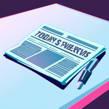 A brand new newspaper laying flat on a sleek, metallic table. The front page prominently features the headline "Today's Yesterday's News" in bold, futuristic typography. The newspaper has a glossy finish, reflecting ambient light from above. A high-tech pen rests next to it, hinting at a digital age. The background is blurred, highlighting the newspaper as the main focus of the image.