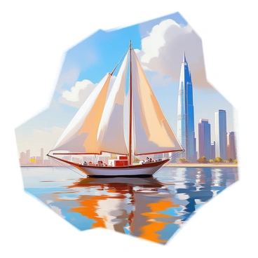 A traditional dhow sailing ship with white sails is gliding smoothly over a rich, glossy chocolate sea. The waves gently ripple around the hull of the ship, reflecting shades of deep brown. In the background, the skyline of Dubai rises prominently, showcasing iconic skyscrapers like the Burj Khalifa, their glass facades glinting in the sunlight. The sky above is a clear blue, with a few fluffy clouds scattered across it, creating a bright and vibrant atmosphere. The sails of the dhow are billowing in the breeze, adding a sense of movement to the scene.