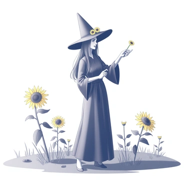 A witch stands in a sunny field, wearing a large hat that has multiple "sunflowers" adorning its brim. She has long hair flowing down her back, and she is dressed in a long, flowing robe that billows gently in the breeze. Around her, "sunflowers" grow tall and vibrant, their heads turned towards the sun. The field is expansive, with patches of green grass and clusters of flowers creating a lively scene. The sky above is clear, allowing the sunlight to cast soft shadows on the ground. The witch holds a small "wand" in one hand, and her other hand gestures as if conducting magic amidst the natural beauty surrounding her.