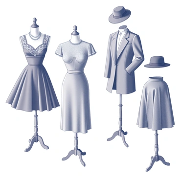 A vintage-style illustration showcasing a series of early fashion designs attributed to Chanel. The illustration features a collection of elegant dresses, each with distinct silhouettes and details. One dress has a fitted bodice with a flared skirt, adorned with intricate lace detailing at the neckline. Another design showcases a tailored jacket paired with a knee-length skirt, emphasizing clean lines and classic tailoring. Accessories include a string of pearls draped around a mannequin’s neck and a stylish hat perched atop a display stand. The overall composition presents a harmonious blend of fashion elements characteristic of the early 20th century.