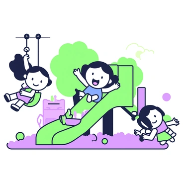 The Powerpuff Girls are playing on a colorful playground. On the left, "Blossom" is swinging high on a green swing, her hair flowing in the air. Next to her, "Bubbles" is gleefully sliding down a green slide, her blue dress catching the light. "Buttercup" is standing at the bottom of the slide, ready to catch her sister, with a wide smile on her face. In the background, there are green trees providing shade, and a purple sandbox filled with toys. Several colorful balls are scattered around the playground.