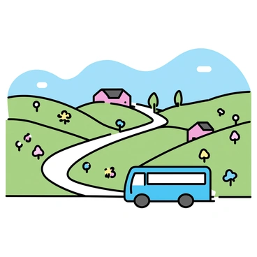 A blue bus driving along a winding road in the countryside. The landscape features rolling green fields stretching out on either side. There are patches of colorful wildflowers dotting the fields. A few farms with red barns and white picket fences are visible, nestled among the greenery. The sky above is clear and bright, showcasing a soft gradient of blue.