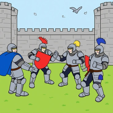 A medieval castle courtyard filled with sunlight and vibrant green grass. In the center, a group of four knights in shining armor is performing shoulder rolls. Each knight has a distinct armor design, featuring intricate engravings and decorative plumes on their helmets. One knight has a blue cape flowing behind him, while another sports a red shield. The knights are in various stages of their shoulder rolls, with some laughing and encouraging each other. The castle walls tower in the background, with stone bricks and flags fluttering in the breeze. A few birds are flying overhead, adding a lively atmosphere to the scene.