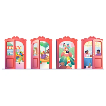 A row of ornate wooden doors stands in a line, each uniquely designed with intricate carvings and vibrant colors. The first door swings open to reveal a bright scene of a bustling marketplace filled with vendors, colorful spices, and textiles. The second door opens to a serene Japanese garden, featuring cherry blossom trees in full bloom and a traditional tea ceremony. The third door showcases a lively African festival, complete with dancers in vibrant costumes and traditional musical instruments. The fourth door opens to a cozy European café, where patrons are sipping coffee and enjoying pastries. Each door is framed with decorative elements that hint at the culture within, creating a rich tapestry of global heritage.