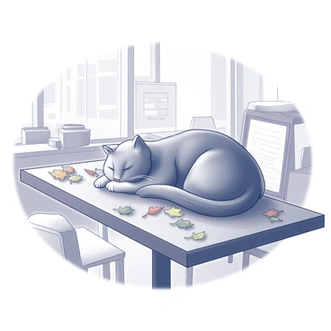 A cat is napping on a wooden table. The cat is curled up comfortably, with its fur slightly ruffled, creating a serene appearance. Around the table, scattered autumn leaves in various shapes and sizes create a natural, organic scene. The café has rustic charm, with a simple design, perhaps featuring a few chairs and a menu board nearby. The atmosphere suggests a peaceful moment in the midst of nature as the cat enjoys its rest.