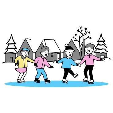 A group of children, wearing colorful winter jackets and hats, are ice skating on a frozen lake. The lake is bordered by quaint houses with sloped roofs, covered in a layer of white snow. Snow-laden trees stand in the background, their branches heavy with snow. The scene captures the joy of the children as they glide across the smooth ice.