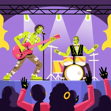 A scene featuring a zombie rock band performing energetically on a stage. The lead zombie vocalist has green skin and tattered clothing, holding a microphone. One zombie guitarist is playing a bright red electric guitar, while another zombie drummer, covered in bandages, energetically hits the drums. The stage is decorated with colorful lights and smoke effects, enhancing the lively atmosphere. Zombies in the audience are cheering and dancing, adding to the wild energy of the performance.
