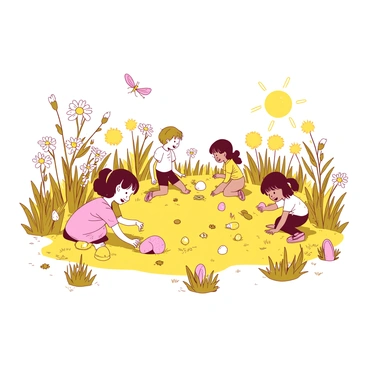 A tranquil spring meadow with blooming flowers and a small Easter egg hunt