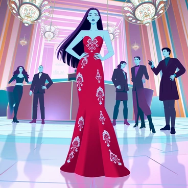 A young woman with long, flowing black hair is elegantly dressed in a floor-length, form-fitting red gown adorned with intricate silver patterns. Her makeup is flawless, highlighting her sharp features and striking eyes, which convey an air of confidence. She is standing gracefully in a lavish ballroom filled with ornate chandeliers and golden accents. The walls are decorated with rich tapestries, while elegantly dressed guests mingle in the background. A soft light casts a warm glow, reflecting off the polished marble floor, creating a sophisticated atmosphere.