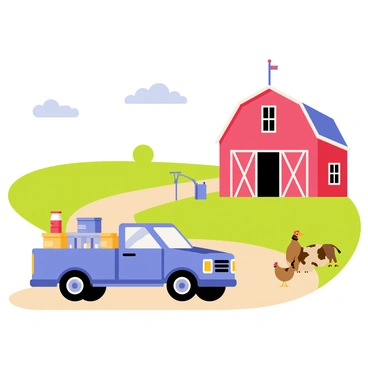 A blue truck is parked in the foreground, with the back open, revealing boxes and bags of supplies. The truck has a shiny exterior and is positioned on a dirt road. In the background, there is a vibrant green field stretching towards the horizon, dotted with various farm tools. A large red barn stands prominently to the side, with white accents and a weather vane on top. A few farm animals, including a brown cow and a couple of chickens, are visible near the barn, adding life to the scene. The sky is clear with a few fluffy clouds scattered above.