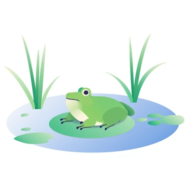 A small green frog is resting comfortably on a round lily pad in the center of a tranquil pond. The lily pad is a vibrant shade of green, floating on the water's surface. Surrounding the pond are tall, slender reeds swaying gently in the breeze. Patches of green algae are visible on the water, adding texture to the serene scene. The frog's bright eyes are gazing curiously at the surroundings, creating a calm and peaceful atmosphere.