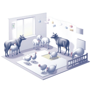 A nursery designed for children, filled with a variety of friendly farm animals. There are several cows, standing calmly with gentle expressions. A group of chickens is scattered around, some pecking at the ground while others are perched on low wooden fences. In one corner, a few sheep are grazing, with fluffy wool coats. The room is spacious, featuring soft mats on the floor and colorful decorations hanging from the ceiling, creating an inviting atmosphere. Each animal interacts peacefully within the nursery, contributing to a lively yet harmonious environment.