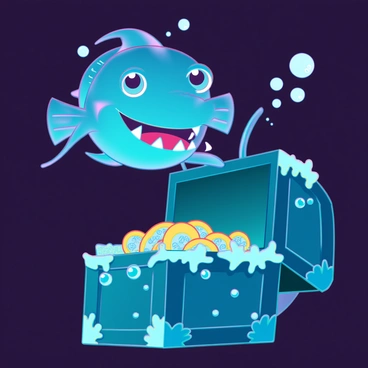 An anglerfish with a large, bulbous head and sharp teeth is swimming in a dark underwater environment. Its bioluminescent lure glows brightly, illuminating the scene around it. The anglerfish is curiously approaching a sunken treasure chest covered in barnacles and coral. The treasure chest is partially open, revealing sparkling gold coins and glittering gemstones inside. Bubbles rise to the surface, and small fish dart around, intrigued by the sight.