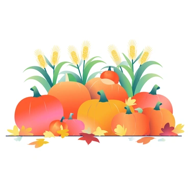 A vibrant pumpkin patch is filled with a variety of orange pumpkins in different sizes and shapes. Some pumpkins are sitting on the ground while others are stacked in a decorative manner. Surrounding the pumpkins are scattered fallen leaves in shades of yellow, red, and brown, adding an autumnal touch to the scene. In the background, there are tall cornstalks swaying gently in the breeze, contributing to the festive atmosphere. The sunlight casts a warm glow, highlighting the rich colors of the pumpkins and leaves.