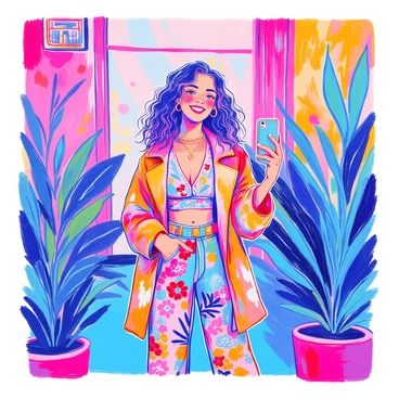 A woman is standing in front of a colorful mural, which features a variety of bold patterns and bright colors. She has long, curly hair and is wearing a vibrant outfit that includes a mix of floral and geometric designs. She is smiling as she holds her phone up to take a selfie. The mural provides a lively background, enhancing the vividness of her clothing. Flanking her are plants that add greenery to the scene.
