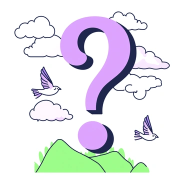A giant question mark towers in the center of a whimsical landscape. The question mark is intricately designed with flowing curves. Surrounding it, fluffy clouds float in a bright sky, with soft edges and gentle shadows. Birds fly around the question mark, some in small groups, with distinct feather details visible. Below, rolling hills slope gently, and patches of grass peek through the light terrain. The scene captures a sense of curiosity and wonder, inviting the viewer to explore further.