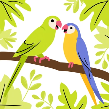 Two colorful tropical parrots, one with vibrant green feathers and the other with bright blue and yellow plumage, are perched on a thick brown branch. They are surrounded by lush green leaves with various shades, creating a dense foliage backdrop. The parrots are facing each other, their beaks slightly open as if they are chattering. Sunlight filters through the leaves, casting playful shadows around them.