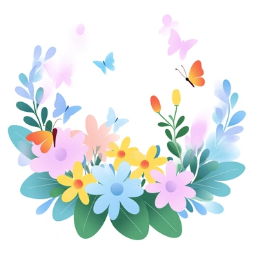 A vibrant garden filled with a variety of blooming flowers in different shades of pink, yellow, and blue. The flowers are lush and abundant, creating a picturesque scene. Various butterflies in bright colors, such as orange, blue, and yellow, are fluttering gracefully among the blossoms. Some butterflies are perched delicately on the petals, while others are captured in mid-flight. The foliage surrounding the flowers is a rich green, contributing to the overall colorful atmosphere of the garden.
