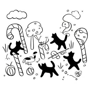 A group of cats playing among large, oversized candy canes and colorful gumdrops. The ground is covered in a textured surface resembling icing, with swirls and patterns. Some cats are playfully batting at the candy canes, while others are curiously inspecting the gumdrops. In the background, there are whimsical trees with candy-like leaves, and fluffy clouds shaped like cotton candy hovering above. The atmosphere conveys a sense of playful joy within this sweet-themed landscape.