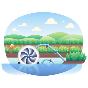 A farm is depicted with a tidal energy system featuring a large turbine situated in the water. The turbine has rotating blades, harnessing the flowing tidal currents. Surrounding the turbine, lush green crops are growing in neat rows, showcasing a variety of plants including corn, wheat, and carrots. Irrigation systems with long pipes and sprinklers are visibly delivering water to the crops. In the background, there are rolling hills under a bright blue sky dotted with fluffy white clouds, creating a vibrant agricultural landscape. The overall scene captures the harmony between technology and nature.
