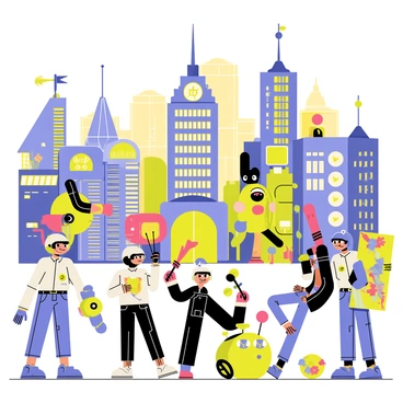 A vibrant city populated by various robots, each displaying a unique design and personality. The buildings are futuristic, with sleek lines and bright colors, featuring large windows and antennas. 

Each robot is distinctly styled: one has a glossy silver exterior with intricate gears visible, another has a colorful patchwork design with a friendly smile, while a third is small and round, resembling a cheerful ball with expressive eyes. 

Some robots are busy interacting with each other, exchanging tools or engaging in playful banter, while others are seen working on different tasks, like a robot gardening with oversized tools or a robot artist painting on a large canvas. 

In the background, a neon-lit skyline glows, creating a lively atmosphere filled with energy and creativity. The scene captures the essence of a bustling, robot-inhabited city where each individual contributes to the community in their own unique way.