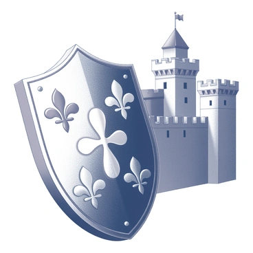 A knight's shield is prominently displayed in the foreground. The shield features intricate "floral heraldry patterns" that cover its surface, showcasing a variety of detailed shapes and designs. The shield is positioned at an angle, reflecting light off its polished surface. In the background, a castle stands tall, with its stone walls and towers clearly defined. The castle has a central tower that rises significantly above the rest of the structure, and there are crenellations along the parapets. The overall composition creates a sense of strength and history, with the shield symbolizing valor and the castle representing stability.