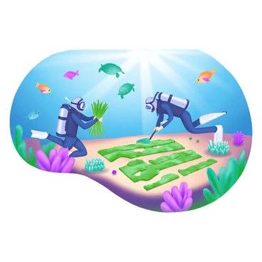 A vibrant underwater scene featuring divers wearing modern diving gear, planting lush seaweed in organized rows on the ocean floor. The divers are shown in dynamic poses, with one holding a bundle of seaweed and another using a planting tool. Sunlight filters through the water, creating dappled light patterns on the sandy bottom. Surrounding the divers are schools of colorful fish and various marine life, including sea turtles and coral formations. The scene highlights the importance of ocean carbon capture efforts in a visually engaging way.