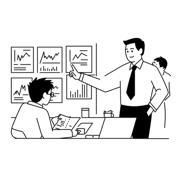A seasoned trader with short hair and a focused expression is standing at a trading desk, pointing at multiple screens displaying stock charts and financial data. He is wearing a tailored suit with a tie. Beside him, a young apprentice with tousled hair is sitting, taking notes on a notepad, wearing a casual shirt and glasses. The desk is cluttered with financial papers, a laptop, and a coffee mug. Other traders can be seen in the background, engaged in discussions.
