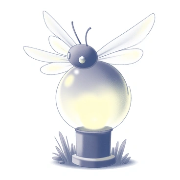 A lantern shaped like a firefly, featuring a round, bulbous body that mimics the insect's form. The lantern has delicate, translucent wings that appear to flutter gently. The bottom emits a soft, glowing light, casting a warm ambiance around it. The design includes tiny details such as a textured surface to resemble the firefly's exoskeleton. There are small, curved antennae at the top, enhancing the resemblance to the insect. The lantern stands on a small base, surrounded by a subtle display of leaves and grass, creating an inviting atmosphere.