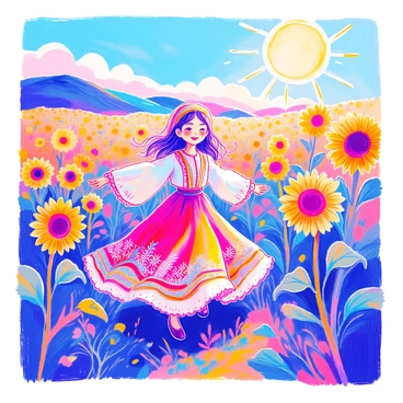A Kazakh girl is dancing joyfully in a vibrant field of sunflowers. She is wearing a traditional colorful dress with intricate patterns and a matching headscarf. The sun is shining bright above, casting warm light across the scene. The sunflowers stand tall around her, their golden petals open wide towards the sky. The girl has a big smile on her face, and her arms are outstretched as she twirls among the flowers, creating a lively atmosphere.