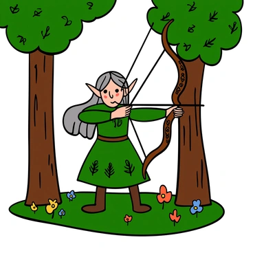 An elf with pointed ears and delicate features is drawing a bowstring with a look of precise focus. The elf has long, flowing silver hair and is wearing a green tunic adorned with leaf patterns. The bow is elegantly crafted, with intricate designs engraved on the wood. The woodland clearing is surrounded by tall trees with lush green leaves, and dappled sunlight filters through the branches, casting soft shadows on the ground. Small flowers in various colors bloom around the elf's feet, enhancing the tranquil atmosphere of the scene.