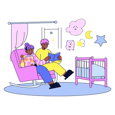 A cozy nursery with soft pastel colors on the walls. In the center of the room, a plush rocking chair is occupied by parents, both smiling gently. The mother holds a colorful storybook open, while the father leans slightly closer, looking at the pages. A small crib is nearby, adorned with a light blue blanket, and a soft nightlight in the shape of a star illuminates the scene. Wall decorations include playful animal illustrations that enhance the warm atmosphere.