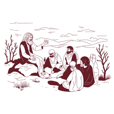 A scene depicting "John the Baptist" sitting on a rocky outcrop in the vast wilderness, surrounded by several other hermits. John is wearing a simple robe and has long hair and a beard. He is animatedly gesturing with his hands while talking. The other hermits, dressed in tunics, are seated on the ground, some leaning in to listen intently while others appear to be pondering his words. Scraggly trees and wild bushes dot the landscape, and in the background, distant mountains rise against the sky. The atmosphere conveys a sense of solitude and deep contemplation among the figures.