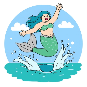 A delighted mermaid with long flowing hair in shades of blue and green is leaping out of a vibrant turquoise ocean. Her shimmering tail glistens in shades of teal and silver, reflecting the sunlight. As she jumps, she creates a dramatic splash with waves cascading around her, sending droplets of water flying into the air. The background features a bright blue sky dotted with fluffy white clouds. The surface of the water is animated with ripples and reflections, enhancing the mermaid's joyful expression.