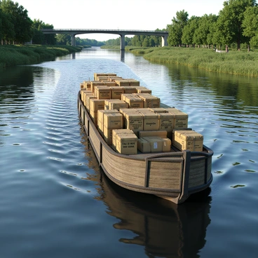 A barge floating down a river, constructed of weathered wood, with a sturdy hull. The barge is heavily loaded with stacks of timber, neatly arranged and secured with ropes. There are also various crates and sacks of goods, some labeled with "fragile" and "handle with care." The water of the river is calm, reflecting the surrounding greenery of trees and shrubs along the bank. Gentle ripples create a pattern on the water's surface as the barge moves downstream. In the distance, a bridge spans the river, adding depth to the scene.