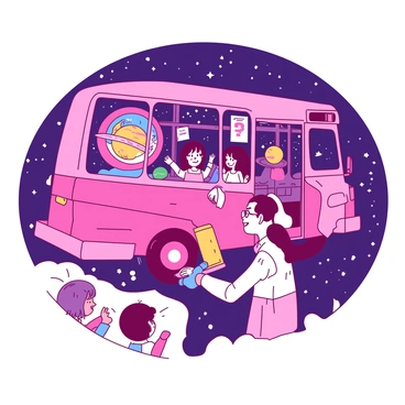 A pink magic school bus is floating among stars and planets in space. Inside the bus, there are several children sitting at their desks, engaged in a lesson. Each child has a unique hairstyle and is wearing colorful clothing. One child is raising her hand to answer a question, while another is looking out the window in amazement at the view of distant galaxies. The bus has large windows, and colorful educational posters are hanging on the walls. A teacher, wearing glasses and a bright smile, is standing at the front of the class, pointing to a holographic display of the solar system.