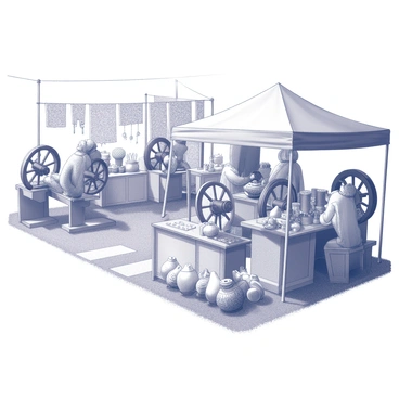 An open-air cultural festival is taking place, filled with traditional spinning wheels from various regions. The scene includes multiple artisans demonstrating their craft, skillfully working at their spinning wheels. Surrounding the craft displays, there are vibrant stalls featuring handmade items such as textiles, pottery, and jewelry. The atmosphere is lively, with visitors engaging with the artisans and exploring different cultural traditions. The ground is covered with a mix of textures, from grass to pathways lined with decorative elements that reflect the diverse cultures represented at the festival.