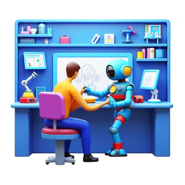 A futuristic artist working in a high-tech studio. The artist is drawing a quirky robot character that has a round body and oversized, colorful limbs. The robot features large expressive eyes and a wide, cheerful mouth. Various mechanical tools and gadgets are scattered around the artist's workspace, including digital screens displaying sketches and concepts. The background has shelves filled with art supplies and futuristic tech, adding to the creative atmosphere.