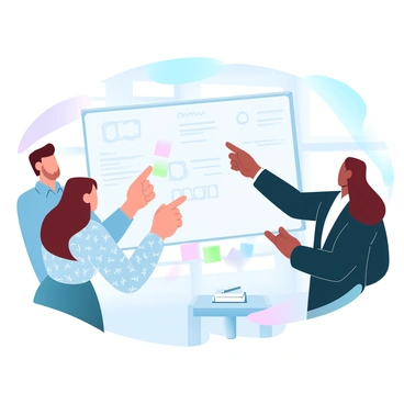 A group of three professionals is engaged in a brainstorming session around a large whiteboard. One person is writing notes and diagrams on the whiteboard, while the other two are discussing and pointing at the content. The professionals are dressed in business casual attire, with one wearing a light blue shirt, another in a patterned blouse, and the third in a dark blazer. Various colorful sticky notes are scattered around the base of the whiteboard, and a small table nearby holds notebooks and pens. The setting is a modern office space with large windows allowing natural light to illuminate the scene.