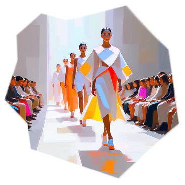 A dramatic runway scene showcasing models walking confidently down the catwalk, each wearing avant-garde designs that incorporate unusual materials and distinctive forms. One model is dressed in a gown made of reflective metallic fabric that catches the light with every movement. Another model wears a structured outfit featuring layers of sheer fabric and bold geometric shapes. The lighting is bright and focused, highlighting the striking silhouettes and unique textures of the garments. The audience is visible in the background, captivated by the fashion display.