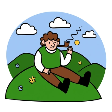 A hobbit with curly brown hair and large feet is sitting on a grassy hill. He has a round face and big eyes, wearing a simple green vest over a white shirt and brown trousers. He is gently holding a wooden pipe in his right hand, with smoke curling up into the air. The sun is shining down, creating a warm atmosphere, and a few wildflowers dot the hillside around him. In the background, soft rolling hills are visible under a blue sky with fluffy white clouds.