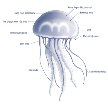 A scientific diagram depicting a jellyfish. The jellyfish is shown in a side view, with its bell-shaped body clearly outlined. Various sensory organs are labeled and illustrated on the jellyfish. These include the rhopalia, which are located around the edge of the bell, and the tentacles that extend downward. The diagram also highlights structures such as statocysts and ocelli, providing detailed annotations for each organ. Lines connect the labels to their respective features for clarity. The background is plain to emphasize the jellyfish and its anatomical details.