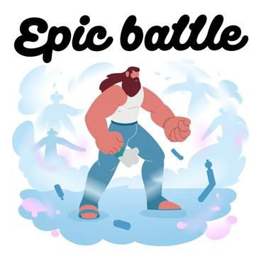 A muscular man with long hair is standing amidst a chaotic battlefield. He is gripping a jawbone tightly in his right hand, ready for combat. The ground around him is littered with debris and scattered weapons. In the background, silhouettes of enemies can be seen, creating a sense of tension and action. The sky is filled with swirling clouds, hinting at the intensity of the fight. "Epic battle" is written in bold letters above the scene.