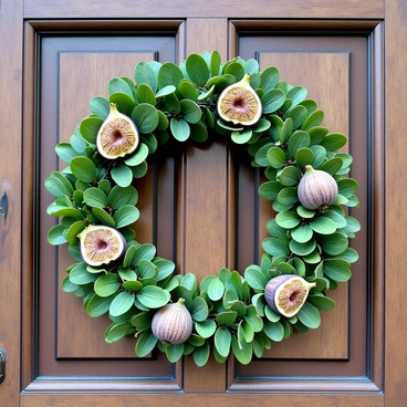 A wreath made of fig leaves, with dried figs interspersed throughout, hangs on a vintage wooden door. The door features rich, weathered textures and a deep brown color. The leaves are vibrant green, contrasting with the dark wood of the door, while the dried figs add a rustic touch with their rich brown tones. The wreath is circular and lush, carefully arranged to create a harmonious balance of foliage and fruit.