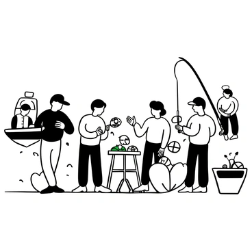 A group of anglers standing near a lake, each focusing on their fishing gear. One angler is carefully arranging colorful bait on a small table. Another is checking their fishing rod, while a third is inspecting a tackle box filled with various lures. Nearby, a couple of fishing boats are tethered at the shore, and a few spectators are watching the competition unfold. The surface of the lake reflects the activity, creating a sense of excitement in the air.