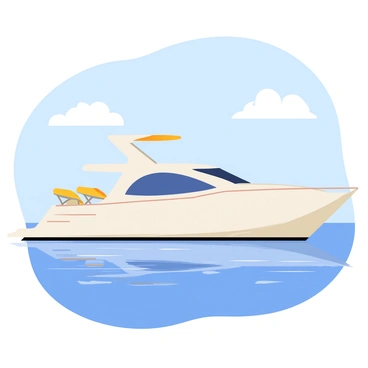 A sleek luxury yacht with a white exterior gliding smoothly through crystal clear blue waters. The yacht features a spacious deck with sun loungers and a stylish canopy. Bright sunlight casts reflections on the water, creating a sparkling effect. In the background, there are a few fluffy white clouds scattered in a clear blue sky, enhancing the feeling of a perfect sunny day.